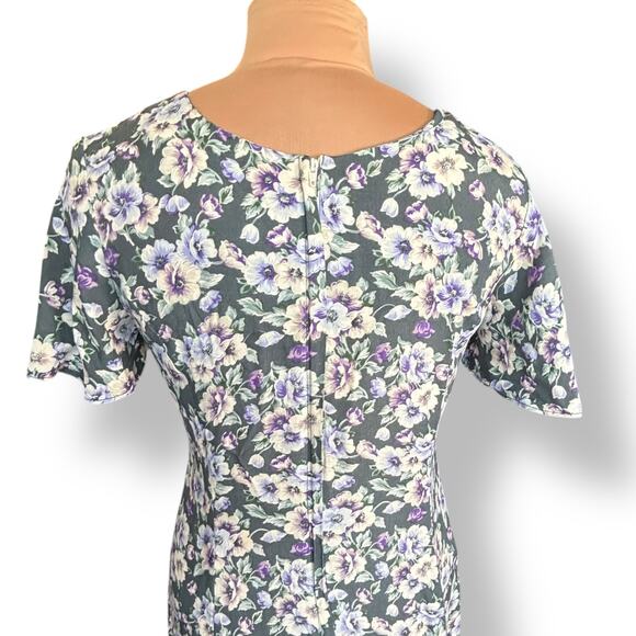 Vintage 90s CDC Petites Floral Rayon Dress Purple White Rosettes Cottagecore 8 - Picture 3 of 10